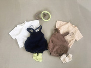 韩版ins婴儿短袖t恤小宝宝，卡通小熊布贴，立领打底上衣背带短裤