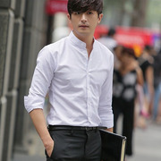 白色立领衬衫潮男长袖，休闲青年发型师，韩版修身圆领小领婚礼衬衣男