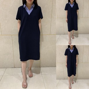 yun韫2024夏季短袖，v领中长款显瘦假二件a字宽松连衣裙女2878
