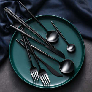 加厚不锈钢牛排叉勺，三件套西餐餐具家用叉两件套装，黑色甜品勺