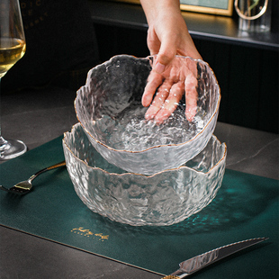 日式金边透明水果碗沙拉碗玻璃碗家用耐热玻璃甜品碗创意个性家用