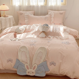 可爱少女纯棉水洗棉四件套全棉，床单儿童床上用品小兔子公主风被套