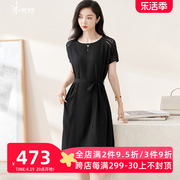 米思阳2024夏季优雅气质黑色大摆中长裙系带短袖连衣裙1800