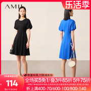 Amii2024夏圆领灯笼袖短袖修身显瘦连衣裙小黑裙法式裙子女