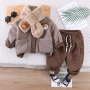 婴幼儿保暖衣服套装秋冬装2023宝宝加绒卫衣裤子两件套带围巾