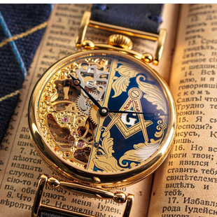 欧美纯手工制造男手表，黄铜表壳镂空表盘透底共济会大表盘轻奢小众