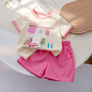 女童夏季套装甜美可爱印花撞色短袖T恤宝宝纯色休闲短裤两件套潮
