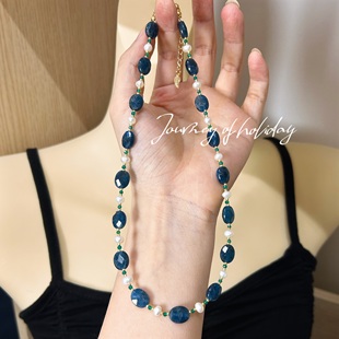 空冉原创设计 天然蓝磷灰石淡水珍珠绿玛瑙镀真金项链