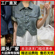 新中式复古盘扣短袖牛仔，衬衫女装夏季小个子短款上衣开衫衬衣外套