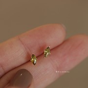 橄榄绿马眼钻镀10K黄金耳钉K金绿色锆石耳环清新简单耳饰