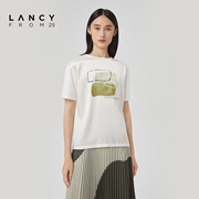 LANCY/悦朗姿女装2023春季真丝拼接T恤印花圆领白色宽松短袖