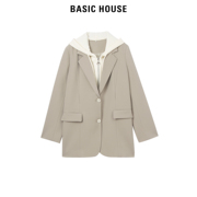 Basic House/百家好2024春季设计感假两件外套连帽小众西服女