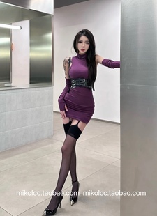 性感长袖高领修身包臀连衣裙打底短裙紫色韩版春款女装