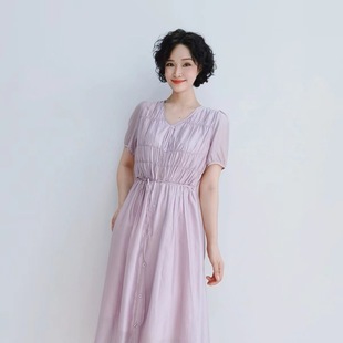 3231 夏季时尚V领纯色简约大方褶皱设计优雅气质连衣裙A11