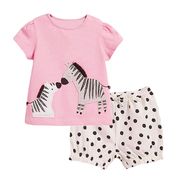 女童斑马t恤宝宝短袖上衣，休闲短裤2件套儿童纯棉夏装粉红半袖套装
