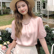 knitco夏季粉色甜美圆领钉珠皱褶流光真丝绣花雪纺袖上衣短袖小衫