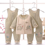 件3套男女宝宝春秋装，有机套装薄棉衣，婴儿彩棉夹棉背带裤0-1岁