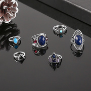 跨境戒指 欧美复古红黑宝石夸张6件套组合套装戒指女