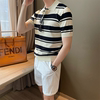 韩版夏季修身扣式条纹POLO衫时尚舒适翻领黑白撞色休闲潮男针织衫