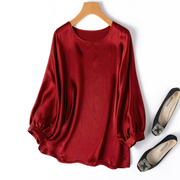 好物!不挑人!宽松版型，真丝珍珠缎圆领灯笼袖，t恤衬衫红色新
