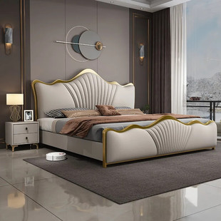 光明卧室轻奢真皮床双人床，1.8米主卧大床现代简约高端大气软包床