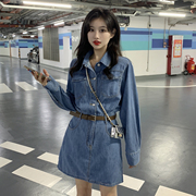 2021年秋季韩式通勤蓝色气质长袖牛仔连衣裙女小个子收腰显瘦短裙