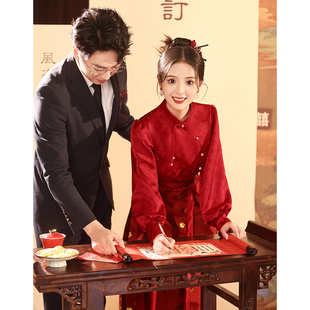 新中式马面裙敬酒服2023新娘，婚服套装酒红色，上衣冬季订婚礼服