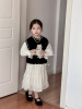韩版儿童上衣24春女童洋气，黑色小花马甲米色中长款雪纺连衣裙