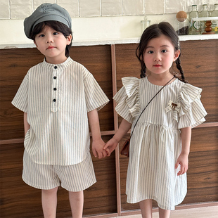 儿童夏季套装男童短袖条纹，2024夏装宝宝纯棉，女童连衣裙兄妹装