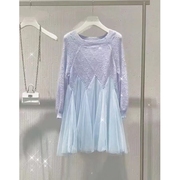 圆领长袖网纱拼结毛织紫色，洋装2022早秋季时尚，洋派小短裙子!