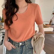 橘色t恤女潮韩系chic设计感小众，宽松小个子华夫格显白脏橘色上衣
