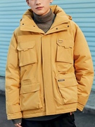 冬季男士黄色工装羽绒服潮流，立领加厚外套可脱卸连帽