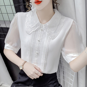 雪纺衫女短袖2023夏季韩版宽松洋气小衫白色蕾丝，娃娃领上衣女