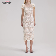 女连衣裙夏气质(夏气质)高雅白色修身显瘦中腰水溶蕾丝高级感钉钻中腰长裙