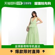 香港直邮潮奢 petite 女士设计小号深V褶裥层叠绿色长款连衣裙(sa