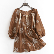 C152刺绣宽松薄款两件套系带半开领灯笼袖秋季五分袖女装衬衫