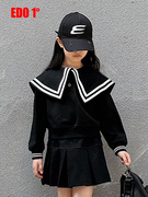 edo1一度童装23秋款学院风拼色海军领短款长袖上衣+短裙两件套