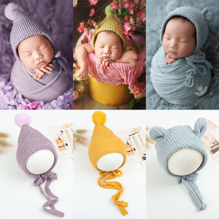 婴儿拍照兔毛球尖帽子儿童摄影道具满月新生宝宝男女孩护耳帽秋冬