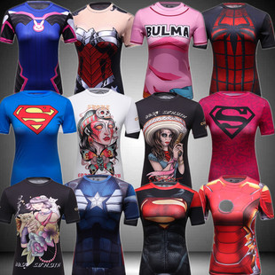 超人蝙蝠侠运动跑骑行步训练紧身衣，透气超弹性，女款压缩衣短袖t恤