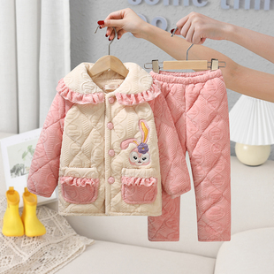 冬季女童法兰绒三层加厚夹棉睡衣，套装女宝中大童珊瑚绒亲子家居服