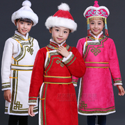 儿童蒙古袍冬季加棉加厚款蒙古族女童连体，服装少数民族演出服仿皮
