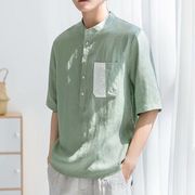 亚麻短袖t恤男2024夏季绿色，立领七分中袖衬衫宽松棉麻上衣潮