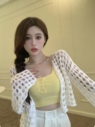 韩系套装女辣妹短款针织吊带，背心设计感宽松网格镂空薄款长袖开衫