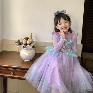 爱莎公主裙子女童春秋款紫色加厚美人鱼礼服儿童洋气，针织毛衣裙(毛衣裙)