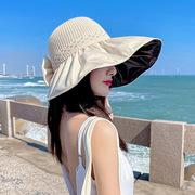 夏季日本UV黑胶蝴蝶结渔夫帽子女防紫外线大檐遮脸防晒百搭太阳帽