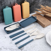 筷子勺子套装便携小麦秸秆学生，上班族可折叠伸缩餐具叉带收纳盒