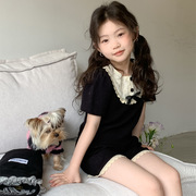 韩国童装2024夏季女童蕾丝花边蝴蝶结短袖上衣+短裤两件套装