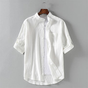 中国风亚麻白色衬衫，男短袖夏季痞帅高级感大码棉麻衬衣oversize潮