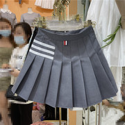 2024春季条纹百褶裙高腰减龄小个子a字半身裙灰色显瘦短裙潮