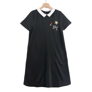 Z1欧美外贸夏季刺绣简约A字拼色白领OL简约短袖显瘦黑色连衣裙